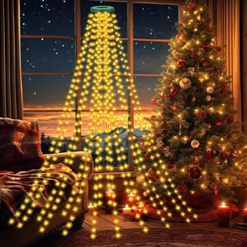 NEMMXUB Christbaumbeleuchtung mit Ring, 2M / 400 LED Lichterkette Weihnachtsbaum Innen Außen, 16 Stränge Weihnachtsbaum Beleuchtung 8 Modi Timer IP44 Wasserdicht LED Weihnachten Dekor Baum, Warmweiß