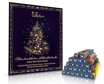 LUXflair Räucherstäbchen Adventskalender – 48 Stäbchen, 24 Düfte inkl. Halter für tägliche Duftüberraschungen, Adventszeit, Geschenkideen, Design 1
