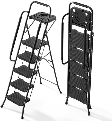KINGRACK 5 Step Ladder with Handrails, Tool Tray Platform, Folding Step Stool with Anti-slip Wide Pedals,Sturdy Steel Ladder for Adults, Portable Stepladder Home Kitchen Library Office, Black