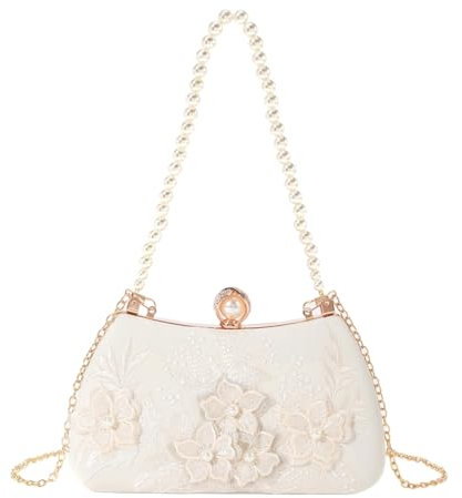 DAYnagh Abendtasche für Damen, mit Perlen und Blumen, Taschen und Clutches für Damen, Abendtasche, Handtasche, Damen, Umhängetasche, abnehmbare Kette, für Hochzeit, Party, weiß, 21x7x12,5cm