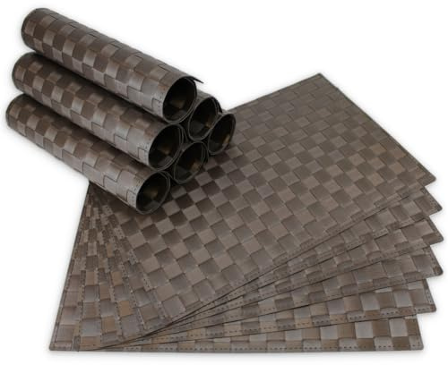 Moderne Tischsets in Braun im 12er Set - Abwaschbare Platzsets als rechteckige Tischuntersetzer - Geflochtenes Platzdeckchen als Tischunterlage für Esstisch Wohnzimmer Tisch-Deko