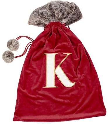 Celebright Christmas Sack with Embroidered Letter 'K' - Festive Holiday Décor for a Memorable Celebration - Faux Fur - Red