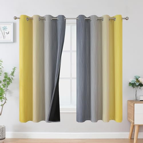 VEHEDE Gelb und Grau Farbverlauf Ombre Gardinen mit Ösen 160 cm Lang, Vorhang Wohnzimmer, Verdunklungsvorhänge Blickdicht Dicke Thermogardine Kälteschutz Warm Hitzeschutz, H 160 x B 132 cm, 2er Set