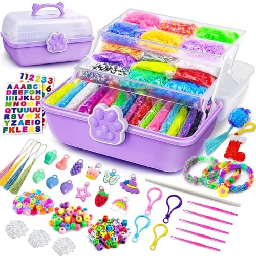 ROSHUKG 50 Farben Loom Bänder Set mit 3 Schicht Niedlicher Aufbewahrungsbox, DIY Gummibänder Armbänder für Jungen Mädchen Weben Geschenk(Violett)