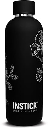 INSTICK Isolierflasche Black 500 ml – Edelstahl-Wasserflasche mit floralem Motiv, auslaufsicher für heiße & kalte Getränke, ideal für Outdoor, Sport und Reisen