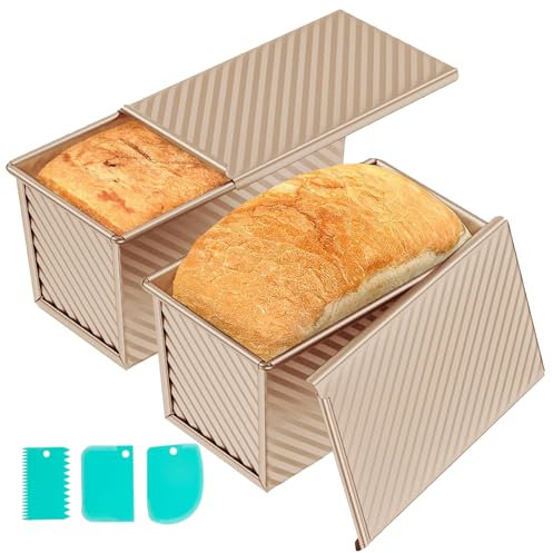 Hikaproligt Brotbackform mit Deckel, 450g, Gold, 2PCS Antihaftbeschichtung Pullman Kastenform Toastbrot Backform, Belüftungslöcher, Carbonstahl – Perfekt für Brotbacken im Ofen