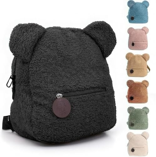 PEIHUODAN Eltern-Kind Plüschrucksack Mit Bärenohren, Verstellbarer Mini-Schulrucksack Für Reisen, Weicher Kinderrucksack Für Herbst/Winter Alltagsnutzung (Schwarz,28x27x12 cm)