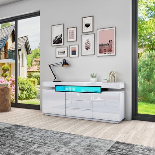 Anrichte Hochglanz LED Anrichte Schrank Schrank mit 2 Türen und 3 Schubladen Moderne Wohnzimmer Schlafzimmer Möbel 160 x 72 x 35cm (Weiß)