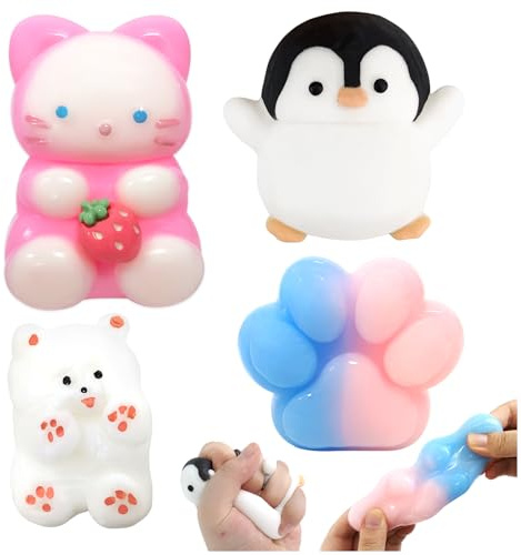 4 Stück Taba Squishy Fidget Spielzeug, Pinguin Kaninchen Welpen niedliche Katzenpfote Stressabbau-Spielzeuge Sensorische Spielzeuge Angstlinderung Neuheit Geschenke für Geburtstag Weihnachtsparty