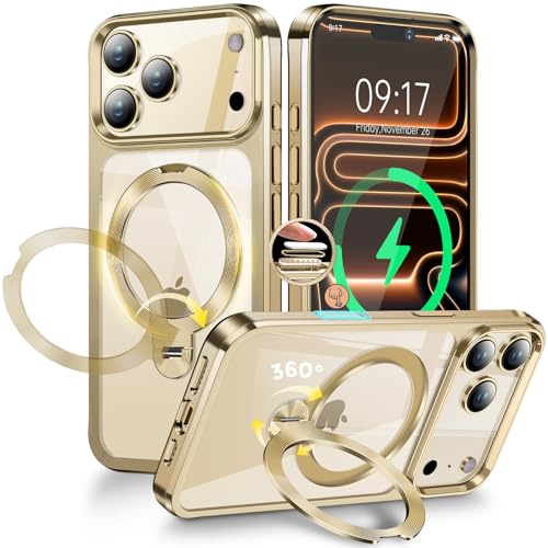[CD-Metallring & Unsichtbarer 360° Drehständer] Magnetische Hülle für iPhone 17 Pro Max [Galvanisierter Stoßfester Bumper] [Kompatibel mit Magsafe]Dünne Durchsichtige Hülle mit Ständer – Gold