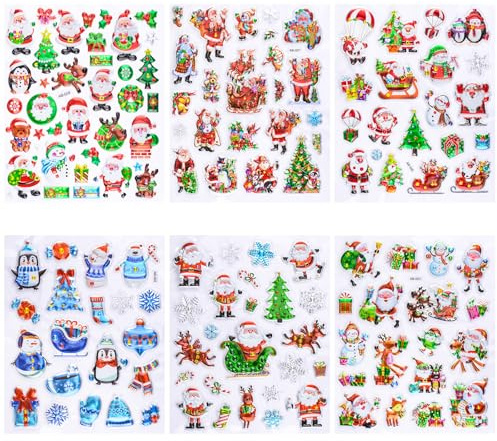 WANDIC 6 adhesivos de gel de Navidad para ventana, 3D rojo y azul, calcomanías de escena de dibujos animados de Navidad, pingüino, copos de nieve y Papá Noel, álbumes de recortes, diario y portátil