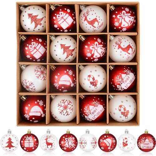 16 Stück Weihnachtskugeln Plastik Set, Christbaumkugeln Kunststoff Rot Weiß, 6cm Weihnachtsbaumschmuck Christbaumschmuck, Kugeln Weihnachtsbaum mit Aufhänger, Weihnachtsdeko Aussen Innen