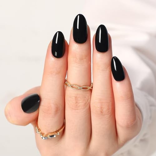 Nymora Press On Nails: 30-Pack Black Acrylic Nails, Medium Length Almond & Stiletto Shapes with Glue & File