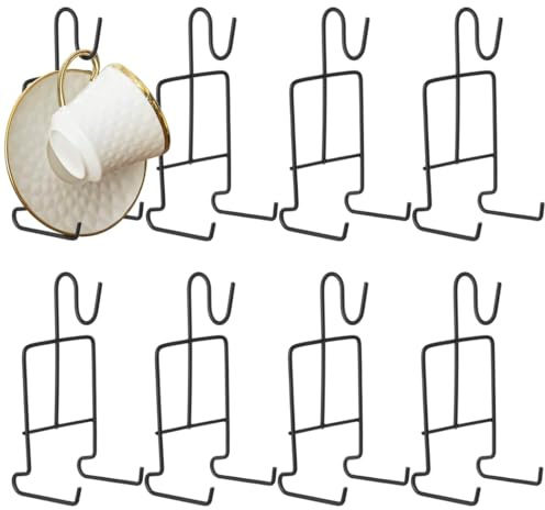 YOFAPA Cup and Saucer Display Stand, 8 Pcs Tea Cup and Saucer Holders, Teacup Coffee Mug Organizer Rack, Golden Finish Metal Mug and Saucer Stand for Tea Coffee Cups Plates, Black