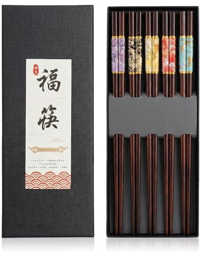 10 Pairs Wooden Chopsticks, 24cm Chinese Chopsticks with Elegant Gift Box, Reusable Non-Slip Chop Sticks for Sushi Rice Noodles Asian Dishes Used