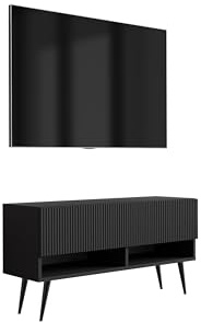 3E 3xE living.com TV-Schrank mit geriffelter Front, Mattschwarz, Schwarze, schräge Beine, 100 × 32 × 52 cm