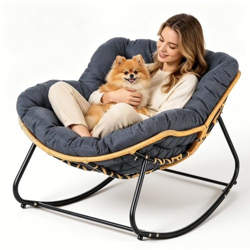 Krovtoy Large Rattan Rocking Chair with Thick Cushion, 330lbs High Weight Capacity, Ergonomic Full Body Support, Anti Tip Design, Indoor Outdoor Rocking Chair for Patio Balcony Bedroom Living Room