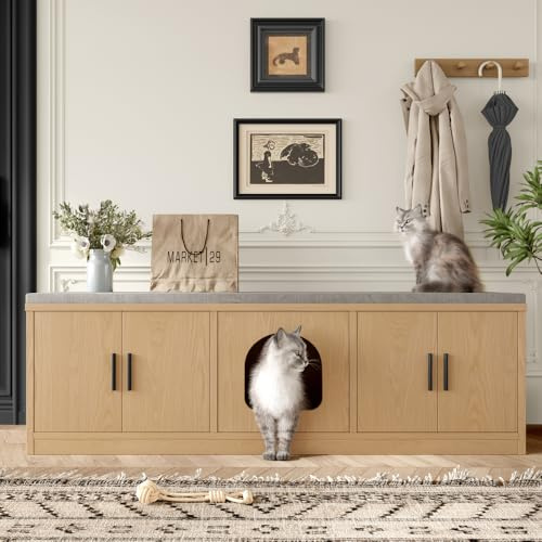 Versteckter Katzenschrank 140 x 40 x 45,5 cm - Katzenklo Schrank mit integriertem Kratzbaum & Belüftung, Multifunktionales Katzenhaus & Katzenmöbel für Flur (Oak + Particle Board)