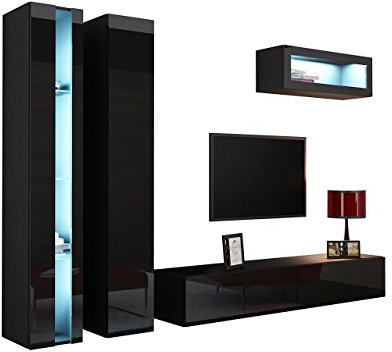 Wohnwand Vigo New II, Anbauwand, Design Mediawand, Farbauswahl, Modernes Wohnzimmer Set, Hängeschrank TV Lowboard, Vitrine (mit weißer LED Beleuchtung, Schwarz/Schwarz Hochglanz)
