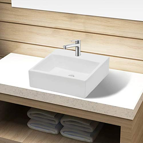 Festnight Keramik Waschbecken | Aufsatzwaschbecken mit Hahnloch | Handwaschbecken Waschschale Wei? 380 x 300 x 115 mm (B x T x H)