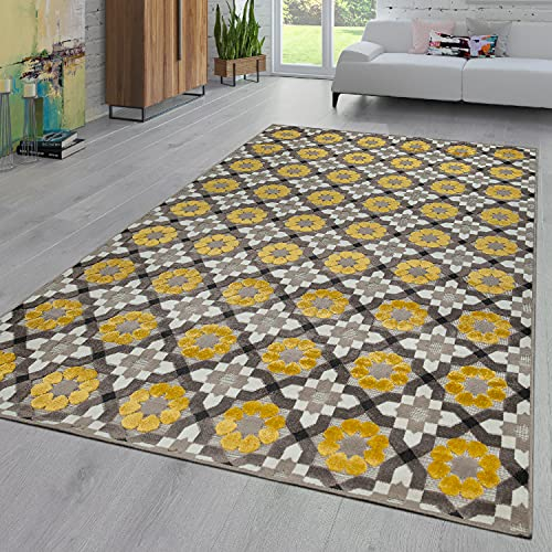 TT Home In- & Outdoor-Teppich Balkon Terrasse Mit Retro-Muster 3D-Web-Art In Gelb Beige, Größe:120x170 cm