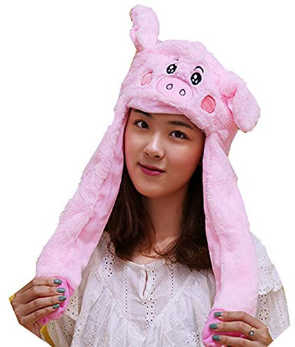 Tierhut mit Ohren, bewegliches Hüpfmütze, Pop-Up-Ohren, Plüschhut, Kappe, Stirnband für Frauen und Mädchen Gr. Einheitsgröße, schwein
