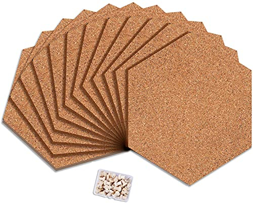 B&Z Lot de 12 tableaux adhésifs en liège hexagonaux avec mini panneaux muraux pour messages, avis de bureau, mémo, école, punaises en bois, courbes arrondies (30 cm x 26 cm x 0,6)