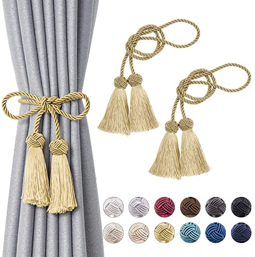 Pretty Jolly 2 Stück doppelte Quaste Vorhang Raffhalter handgemachte Seil Knoten drapieren Raffhalter Krawatte zurück Elegante dekorative Vorhanghalter für Haus & Büro Fenster Draperie (Gold)