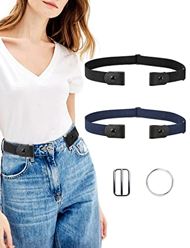 MELLIEX 2 Stück Elastischer Gürtel für Damen Herren, Ohne Schnalle Gürtel Stretchgürtel Unsichtbarer Taillengürtel mit 2 Metall Schnalle für Jeans Hosen Kleid, Schwarz und Blau