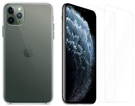 ICOVERI Pack Funda Gel Transparente antigolpes Compatible con iPhone 11 Pro MAX TPU Flexible + 2 Cristales templados, protección 9H