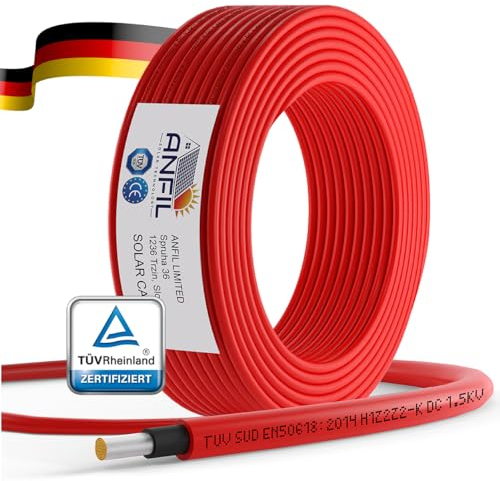 ANFIL Cable de Extensión del Panel Solar - Negro o Rojo, 4mm² o 6mm² - 1800 V DC - Cable de Calidad con Doble Aislamiento (10m, 6mm² Rojo)