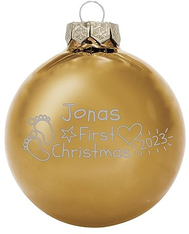 Deitert Weihnachtskugel mit Wunschtext Gravur, Ø 8cm, personalisierte Christbaumkugel aus Glas (glänzend), Individueller Weihnachtsbaumschmuck Namen oder Spruch, Babys First Christmas, Gold