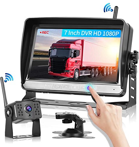 Kabellos Rückfahrkamera Set DVR, 7-Zoll-Color-LCD-Monitor, Wireless Backup Auto Kamera Videoaufzeichnung IP69 Wasserdicht Super Nachtsicht, Funk Einparkhilfe 12V-36V für Anhänger/Bus/LKW/Wohnmobil