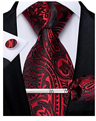 DiBanGu Silk Red Tie Set Paisley Necktie and Handkerchief Cufflinks Tie Clip Set Classic Maroon Formal Ties for Wedding
