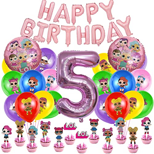 47 Stück Party Dekoration,Geburtstag Dekorationen,Thema Set,Birthday Banner,Folienballons,Geburtstag Luftballons,Tortendeko,Cupcake Topper,5 Jahre alt Kinder Geburtstag Party