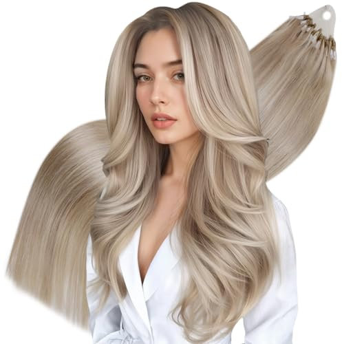 Hetto Micro Beads Hair Extensions Blonde Micro Ring Hair Extensions Ash Blonde Micro Loop Remy Hair Natural Straight 40g 50s 12 Inch #18/613