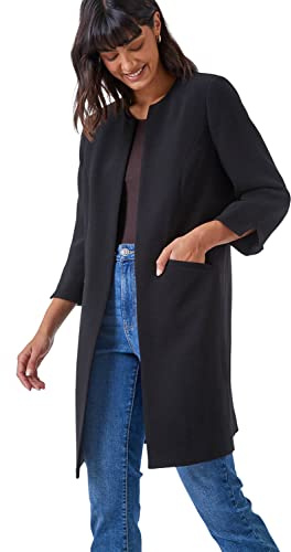 Roman Textured Longline Jacket for Women UK Ladies Reefer Coat Lined Tailored Lightweight Long Autumn Winter Smart Casual Office Work Business Evening Going Out