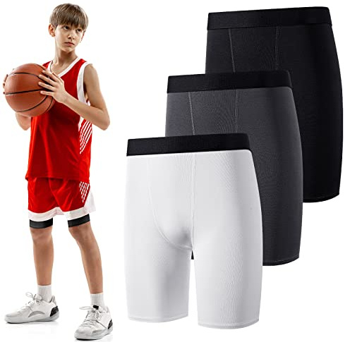 Hoolerry 3 Pcs Youth Boys Compression Shorts Athletic Underwear Sports Performance Boxer Briefs Spandex Underwear for Running (Black, White, Gray,Large)