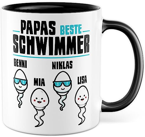 Tasse personalisiert Vater Geschenk, Papas beste Schwimmer - eigene Namen Geschenkidee Kaffee-Becher Kaffeetasse mit Spruch lustig Vatertag Sohn Tochter vier Kinder (Vier Kinder Personalisiert)