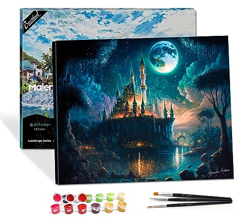 Bougimal Painting By Numbers adultes paysage avec cadre avec pinceaux et peintures acryliques - 40 x 50 cm, Château sous la lune