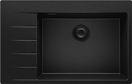 Fregadero Cocina Todo Negro 78x50cm, Fregadero Granito 1 Seno + Sifón, Fregadero sobre encimera al mueble 60cm - Sydney de Primagran