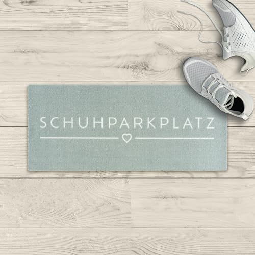 LA KO Waschbare Fußmatte 33 x 75 cm - hochwertig Bedruckte Fußmatte aus Deutschland - Türmatten mit modernem Design (grau_Schuhparkplatz)