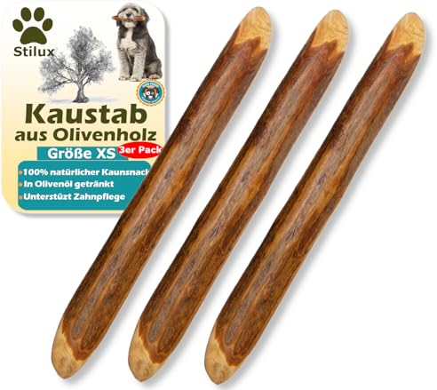 Stilux® Lot de 3 Bâtons à mâcher en Bois d'olivier pour Chiens,Taille XS, Jouet d'occupation pour Chien et Chiot jusqu'à 5Kg, Friandise Os en Bois 100% Naturel et Durable