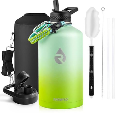 RAYMYLO One Gallon Water Bottle Insulated, Triple Walled Vacuum Stainless Steel (Cold for 48 Hrs), Leak Proof & Non-BPA, Large Water Flask Jug with Paracord Handle & Straw Spout Lids