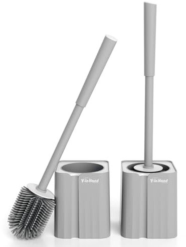 Y-in Hand 2 Pack Toilet Brush and Holder Set, Silicone Toilet Bowl Scrubber for Bathroom, Hidden and Space Saving Toilet Accessories with Caddy, Wall Mountable. (Grey)