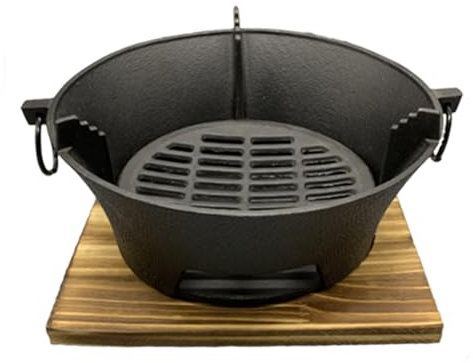 Cast Iron Fire Pit,Fireplace,One-piece moulding + wooden tray,with double ear puller for barbecues,outdoor cooking utensils and patio heating, 16 cm/20 cm/23 cm/25 cm/28 cm (Diameter 28CM)