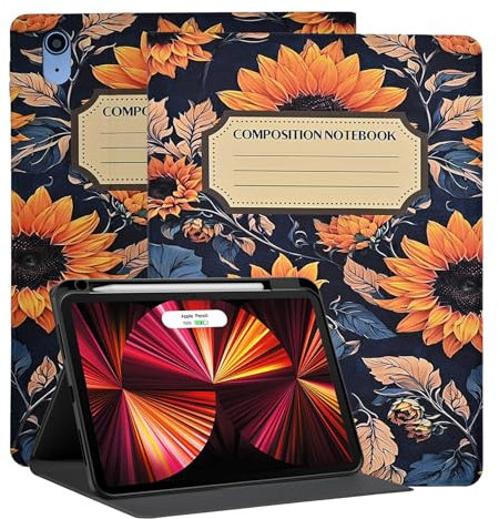 Rotating Case for iPad (A16) 11th/10th Generation 10.9'' inch 2025/2022, 360 Degree Rotating Protective Stand Cover with Pencil Holder - Auto Wake/Sleep, Composition Notebook Sunflower