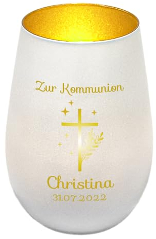 Windlicht mit Gravur zur Kommunion | Weiß/Gold | Kreuz mit Sternen | Personalisiertes Kommunionsgeschenk Junge Mädchen Buben | Tischdeko und Geschenk zur Erstkommunion | Teelichthalter