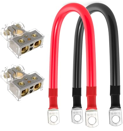 1/0 AWG Battery Cable 0 Gauge Battery Inverter Cables with 3/8 in Lugs Pure Copper Power Inverter Wire Set for Solar Marine Boat RV Car Motorcycle (1FT, with 0/2/4/6/8 AWG Connectors)