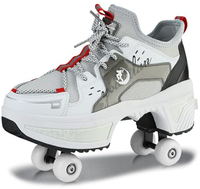 Schuhe mit Rollen für Jungen Mädchen, Rollschuhe mit 4 Einziehbaren Rädern, 2-in-1 Rollschuhen und Sneakers, Roller Skate Shoes für Kinder Teenager (Grau, 35)